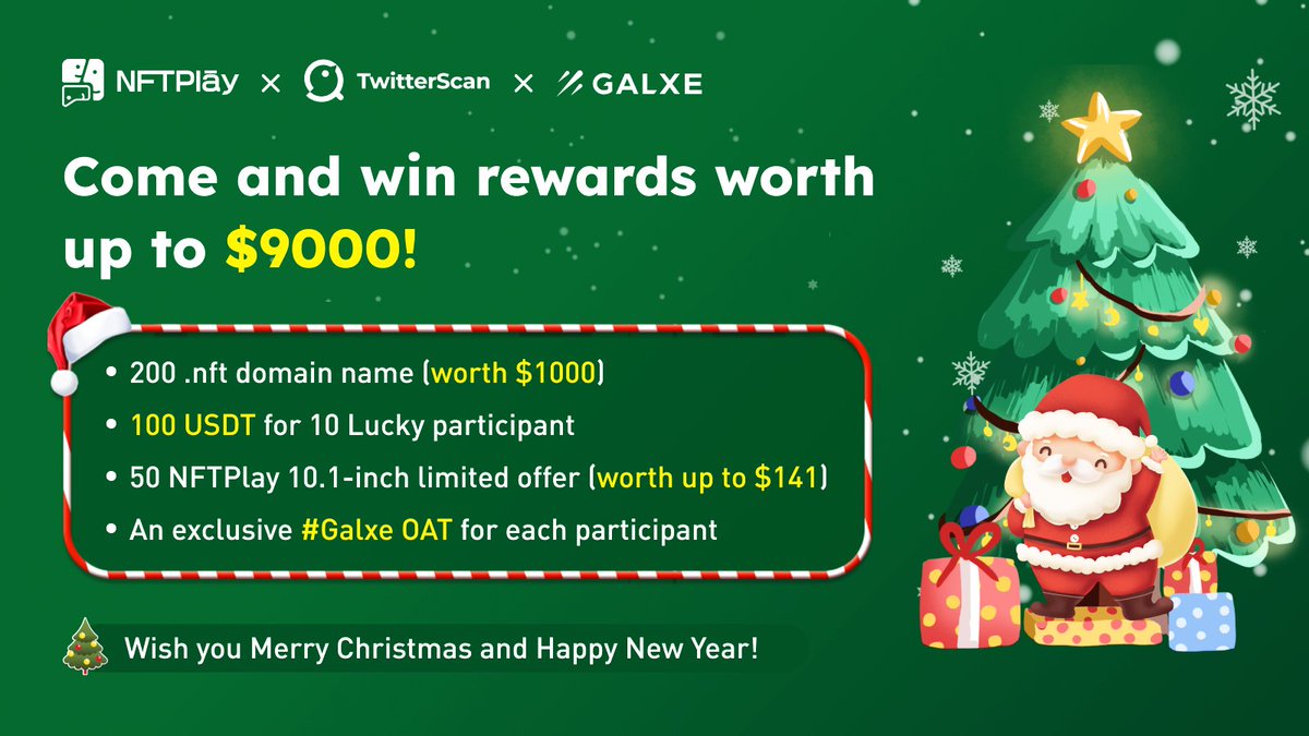 🎁NFTPlay Christmas &amp; Happy New Year Campaign is LIVE NOW! 

<a href="/nftplay_fun/">NFTPlay🧩丨GEN2- NFT & NFC is LIVE</a> &amp; <a href="/MetascanPro/">MetaScan</a> &amp; <a href="/Galxe/">Galxe</a>

🔥💰Come and share the price pool worth up to $9000!

📍To enter: galxe.com/NFTPlay/campai…

#NFTs #Airdrop #NFTGiveaways #Christmas #HappyNewYear