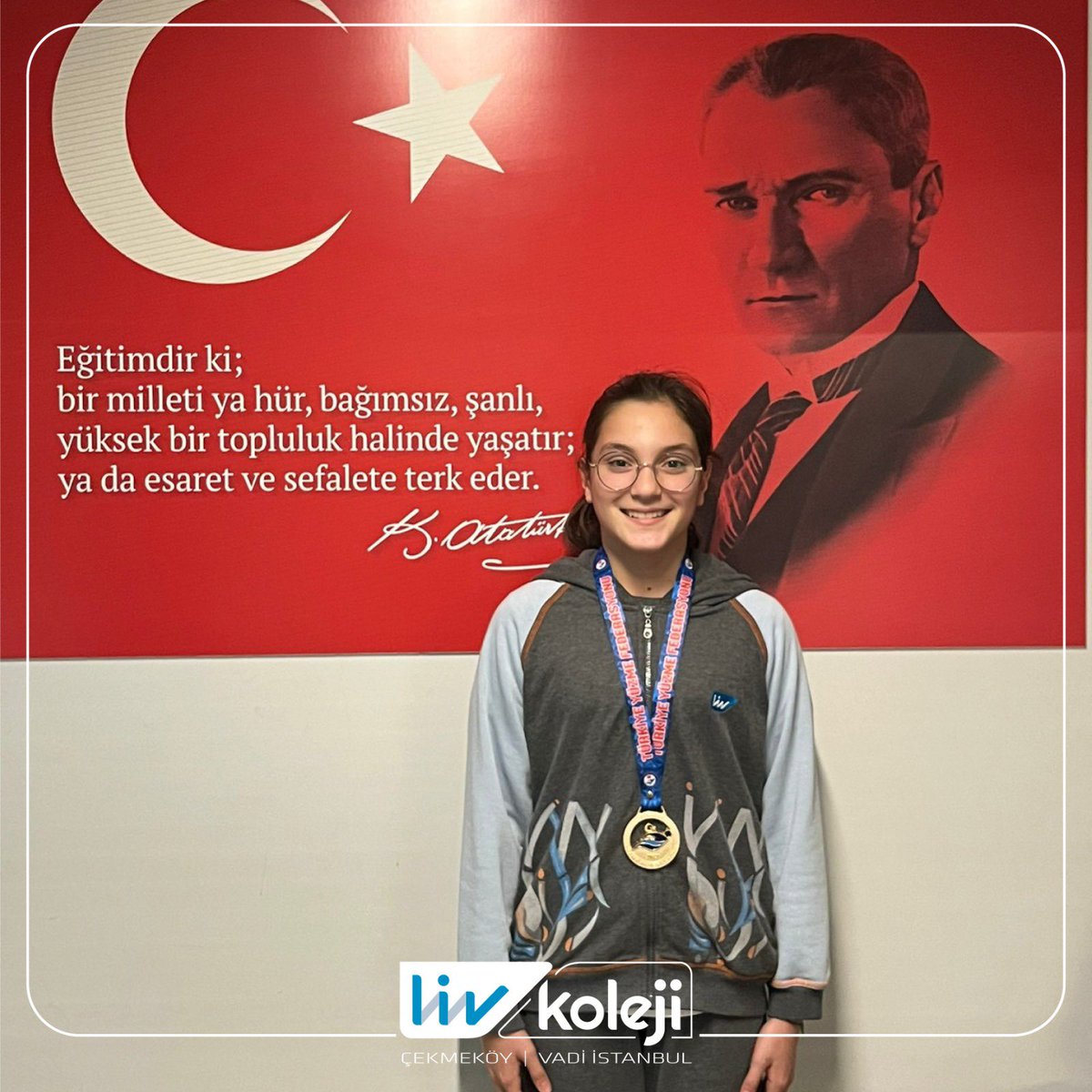 Öğrencimiz Defne Erdem 9-11 Aralık 2022 tarihlerinde Samsun'da gerçekleşen 11 yaş Ulusal Gelişim Projesi Ligi Türkiye Yüzme Şampiyonasında 50 metre ve 100 mt serbest yarış kategorilerinde altın madalya kazanmıştır. Öğrencimizi tebrik ediyor, başarılarının devamını diliyoruz.