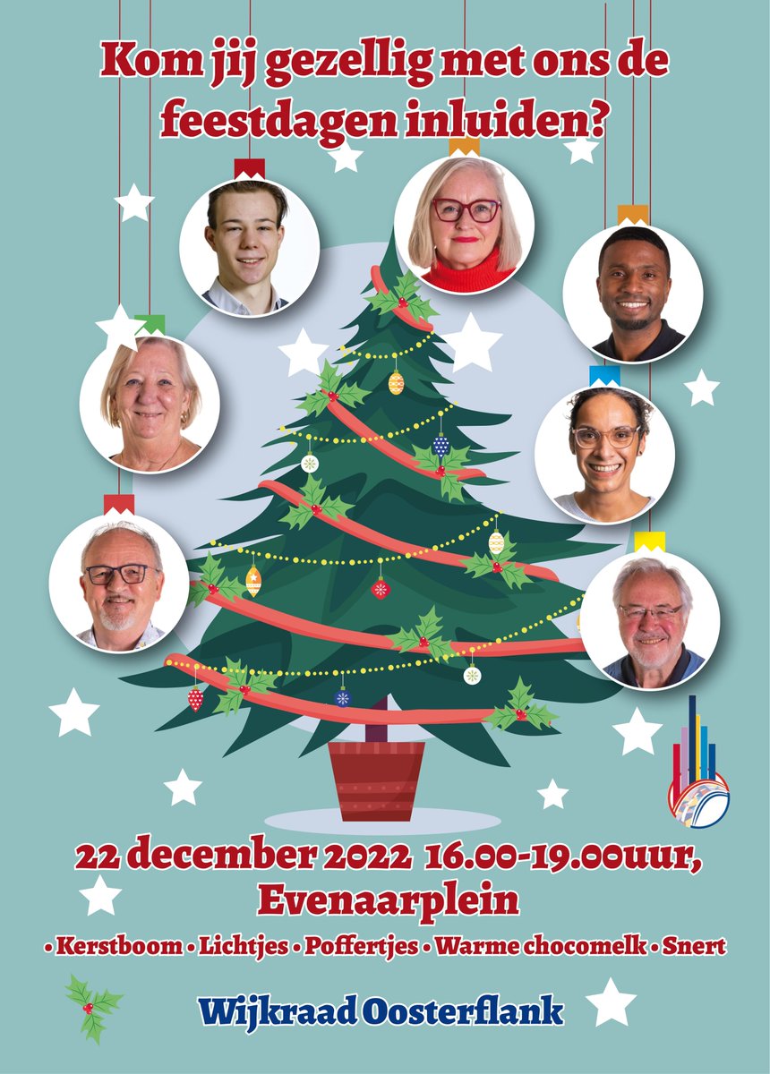 De wijkraad nodigt u van harte uit om gezamenlijk de feestdagen in te luiden! Op 22 december van 16:00-19:00 spreken we u graag bij de kerstboom op het Evenaarplein, onder het genot van poffertjes, warme chocolademelk en snert.