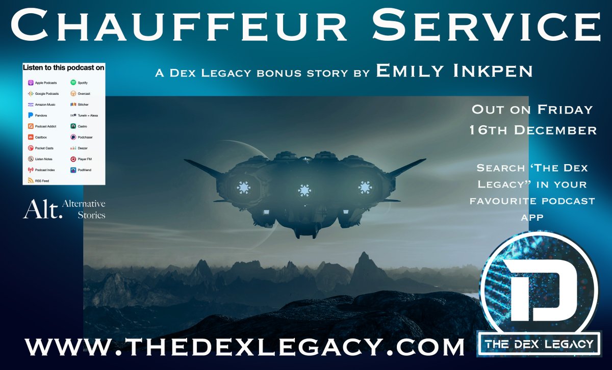 #scifi #SciFiFri #PodcastRecommendations 

A new bonus edition of our #sciencefiction #audiodrama  <a href="/thedexlegacy/">The Dex Legacy</a> by <a href="/emilyinkpen/">Emily Inkpen (she/her)</a>  is out today!

The new mini-story 'Chauffeur Service' stars <a href="/Stevieskinner_/">Stevie Skinner</a> and <a href="/Kelsey_griffin5/">Kelsey Griffin</a> and you can listen free here 
buzzsprout.com/1868546