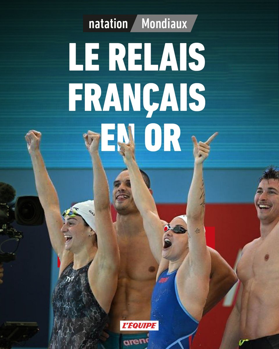 lequipe's tweet photo. Le relais français en or sur 4x50m nage libre mixte, record du monde à la clé https://t.co/tAeJkD6vXB https://t.co/kgPIB0XR0H