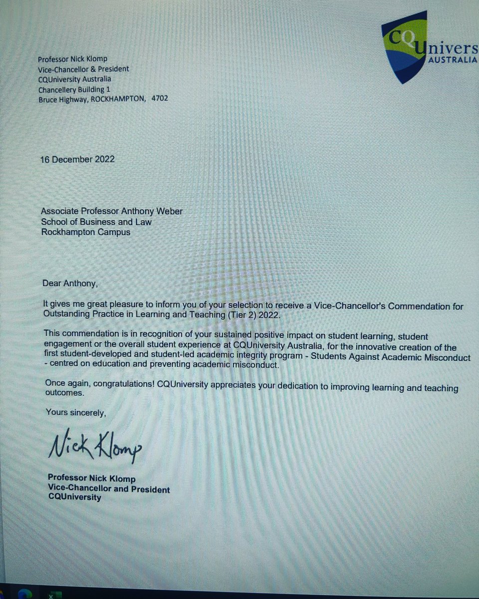 Anthony (@aweber73) on Twitter photo Privileged to receive a commendation from the Vice Chancellorโs Award for outstanding contribution to learning and teaching for my support of improving academic integrity, thanks to <a href="/Lee_DiMilia/">Lee Di Milia</a> for believing in and supporting me Privileged to receive a commendation from the Vice Chancellorโs Award for outstanding contribution to learning and teaching for my support of improving academic integrity, thanks to <a href="/Lee_DiMilia/">Lee Di Milia</a> for believing in and supporting me