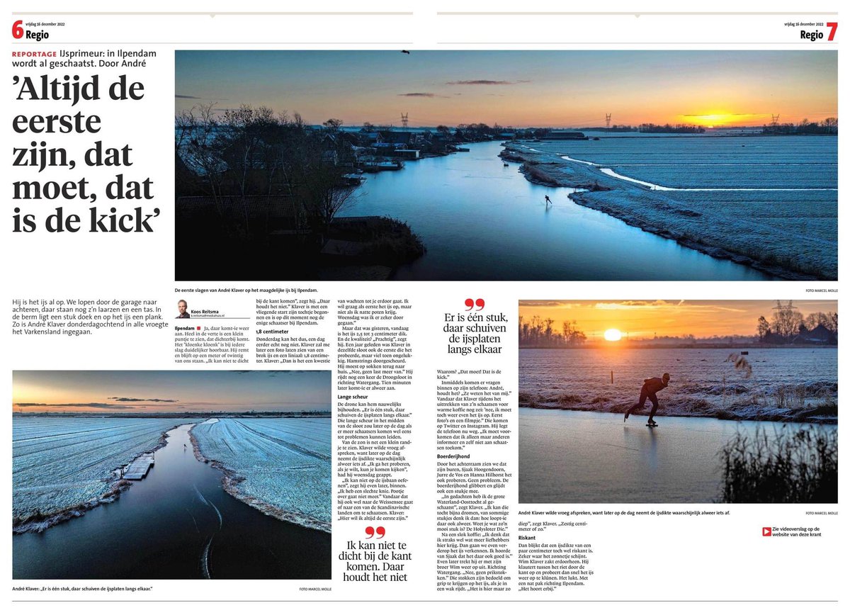 CorineVries's tweet image. ‘Altijd als eerste op het ijs.’ Vandaag een spread om in te lijsten in Dagblad Waterland. Dronefoto’s van @MarcelMolle, zo prachtig!
