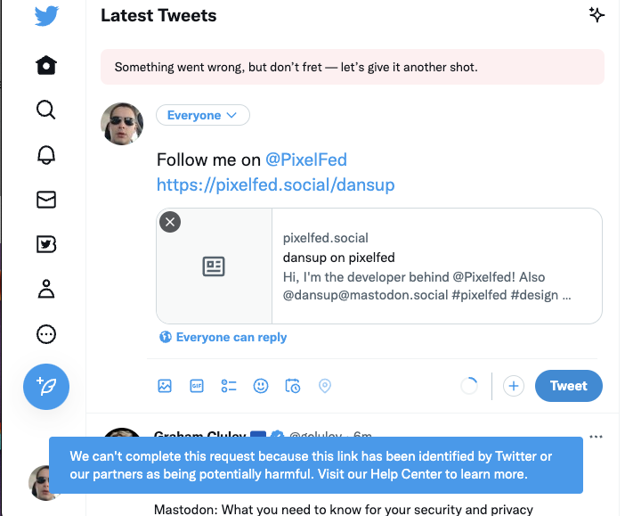 It appears that Twitter is blocking Pixelfed links, we must be doing something right!

First they ignore you, 
then they laugh at you, 
then they fight you, 
then you win

#pixelfed