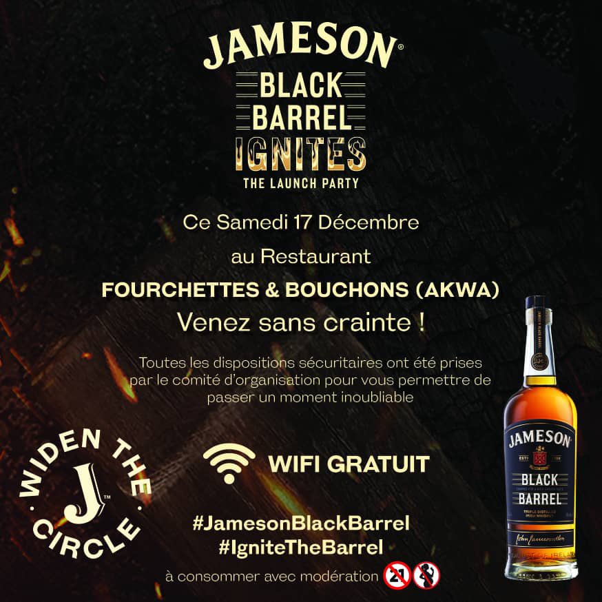 ImageNationPR's tweet photo. Jameson Black Barrel Ignites, The Launch Party 🔥🥃

Good Food, Amazing Cocktails, Excellent Music, Live Performances at Restaurant Fourchettes &amp; Bouchons Akwa Demain! 

Venez sans crainte !

#JamesonBlackBarrel
#IgniteTheBarrel https://t.co/mfepmsnfqH