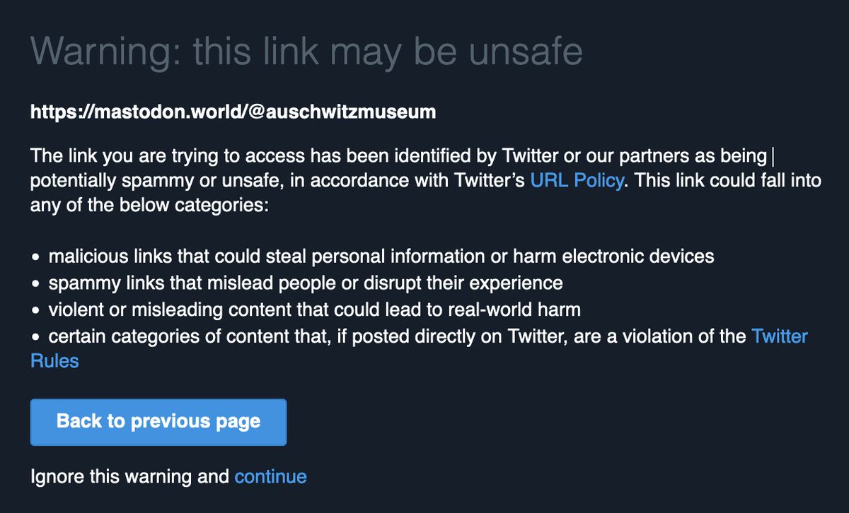 I am not here enough to debate about #FreeSpeech and <a href="/elonmusk/">Elon Musk</a>'s handling of twitter, but flagging <a href="/AuschwitzMuseum/">Auschwitz Memorial</a> as unsafe ("spammy links that mislead people" - or is it "violent or misleading content that could lead to real-world harm"?!?) is really poor judgement.

#Mastodon