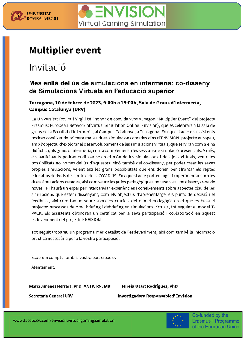 argeturv's tweet photo. 🎁INVITACIÓ al Multiplaier Event del #ProjecteENVISION #ErasmusPlus
Més enllà de l'ús de simulacions en infermeria: co-disseny de Simulacions Virtuals en l’educació superior
Apunta't ➡️https://t.co/K78QALYbeg
🗓️10/02/23
🕘9 h - 15 h
📍Sala de Graus d’Infermeria, Campus Cat. https://t.co/eArUMjoIo8