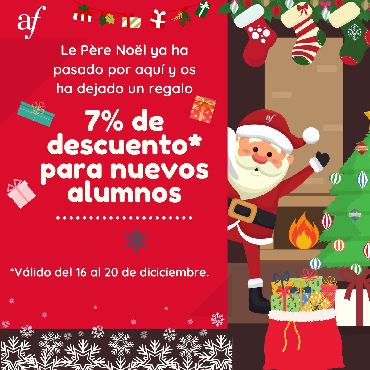 🎄🧑‍🎄¡Aprovecha esta #oferta de #Navidad!

Solo tienes que:
✅ Mandar un correo a cursos@afgranada.com con nombre, apellidos y teléfono
✅ Anotar en el asunto "Oferta de Navidad", curso y hora que te interesan
✅ Tras la Navidad, nos pondremos en contacto contigo.

👏👏👏👏👏
