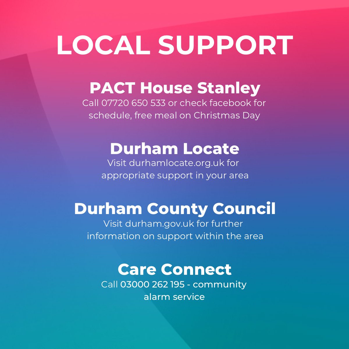 roaddurham's tweet image. Information for anyone needing support over the festive period.. ❤️

The ROAD office will be shut from 3pm on the 23rd of December until 8:30am on the 3rd of January. We hope you all have a lovely Christmas and New Year! 🎉

#helplinesuk #durhamsupport