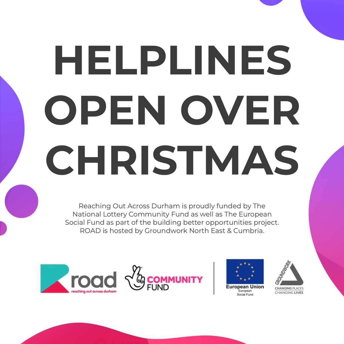 roaddurham's tweet image. Information for anyone needing support over the festive period.. ❤️

The ROAD office will be shut from 3pm on the 23rd of December until 8:30am on the 3rd of January. We hope you all have a lovely Christmas and New Year! 🎉

#helplinesuk #durhamsupport