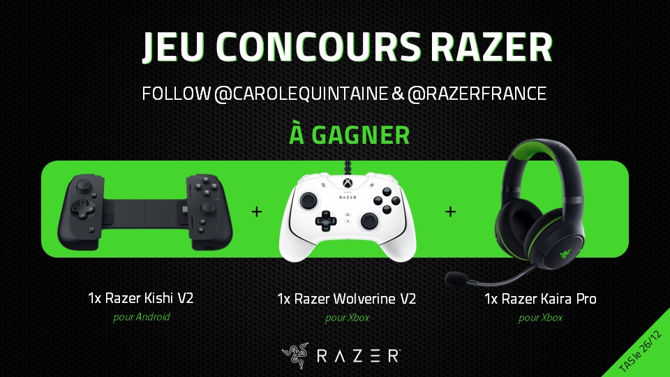CaroleQuintaine's tweet photo. #CONCOURS 🎄
Avec @RazerFrance nous vous proposons de gagner un superbe pack :
-Une Manette Wolverine V2 pour Xbox,
-Un Casque Kaira Pro pour Xbox,
-Un Manette Kishi V2 pour Android

Pour participer : 
-RT + follow @RazerFrance &amp; @CaroleQuintaine 
TAS : 26 décembre

Good luck✨ https://t.co/LKEAsOa6iN