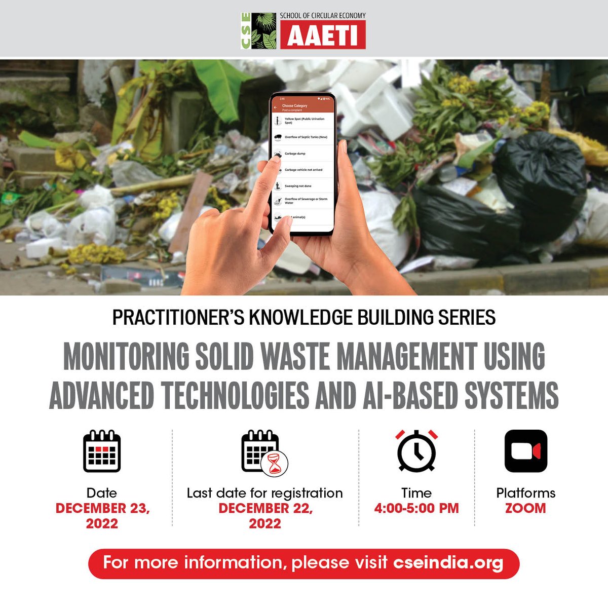 CSEINDIA (@cseindia) on Twitter photo How can technology-based monitoring system keep a tab on #wastemanagement operations? Join our webinar where <a href="/MohanwaniMohit/">Mohit Mohanwani</a> & <a href="/atinbiswas/">Atin Biswas</a> discuss cost implications, capacities and how #technology can make monitoring more inclusive.
Register here:
us02web.zoom.us/webinar/regist… How can technology-based monitoring system keep a tab on #wastemanagement operations? Join our webinar where <a href="/MohanwaniMohit/">Mohit Mohanwani</a> & <a href="/atinbiswas/">Atin Biswas</a> discuss cost implications, capacities and how #technology can make monitoring more inclusive.
Register here:
us02web.zoom.us/webinar/regist…