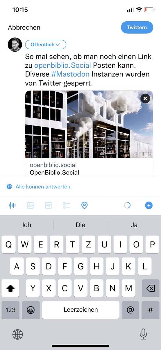 rstockm's tweet photo. Unsere Mastodon-Instanz für das deutschsprachige Bibliothekswesen, offiziell betrieben von der Staatsbibliothek Berlin @sbb_news , wird nun von Twitter als potentiell schädlich eingestuft und kann nicht mehr verlinkt werden.
Das ist ein beispielloser Vorgang. https://t.co/nVbXwAD02A