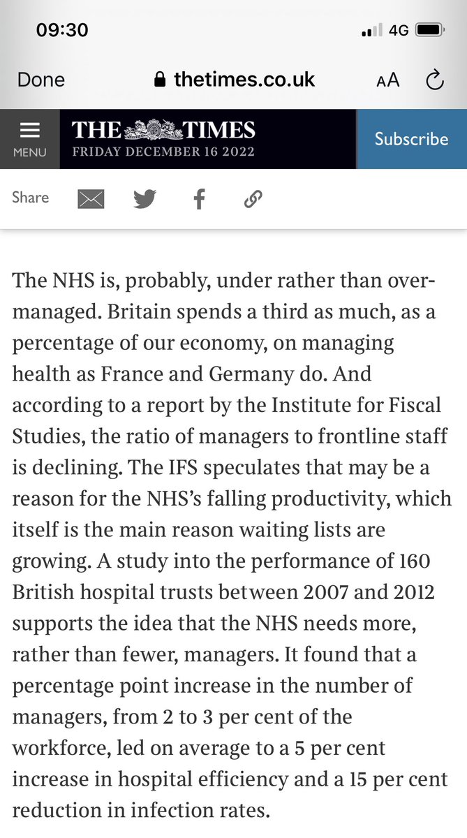 reelbigdawson's tweet photo. I may be biased on the subject of NHS Management but the Times isn’t usually our friend: #NHSManagement https://t.co/MbSb4Y7QQC