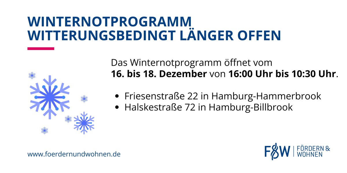 fuw_hh's tweet photo. Wegen der Witterung: #Winternotprogramm für Obdachlose öffnet heute schon um 16 Uhr. Bitte weitersagen! https://t.co/FJGtiHRD7J