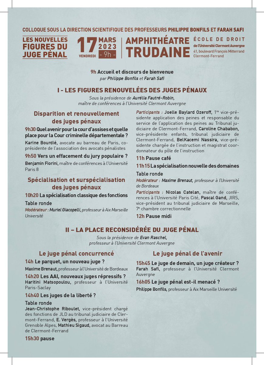 Les nouvelles figures du juge pénal : colloque à Clermont que j’organise avec <a href="/BonfilsPhilippe/">Philippe Bonfils</a> le 17 mars prochain, avec la participation de nombreux collègues, magistrats et avocats ! Bloquez la date ! <a href="/CmhUca/">CentreMichelHospital</a> <a href="/ldpsc_aix/">LDPSC (EA 4690)</a> <a href="/ecole_droit_UCA/">Ecole de Droit de l'Université Clermont Auvergne</a> <a href="/Dr_penal/">Droit pénal</a> <a href="/Raoultfabrice/">fabrice Raoult</a>