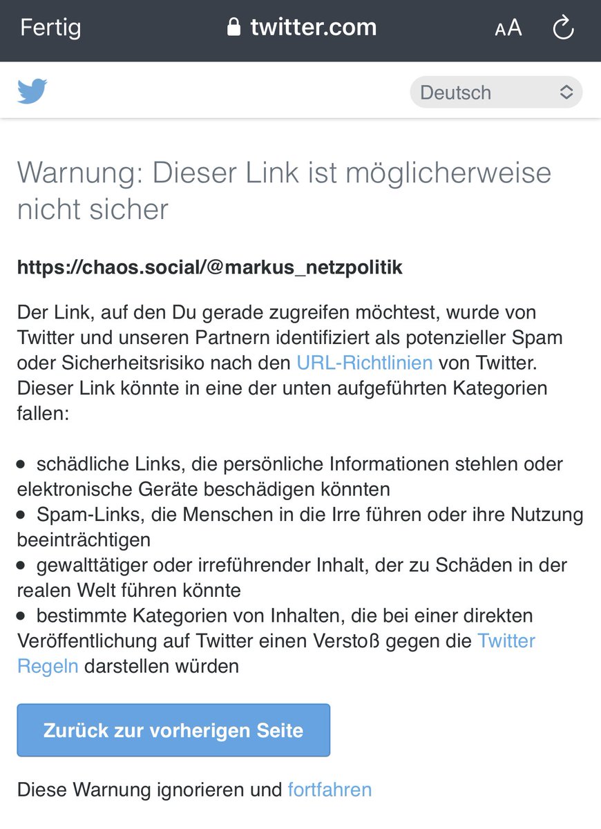 Twitter stuft jetzt Verlinkungen auf Mastodon als Sicherheitsrisiko ein. Offensichtlich nimmt man Mastodon als offene Konkurrenz ernst. 

Das Verhalten ist natürlich wieder das Gegenteil von dem, was Elon Musk versprochen hatte.