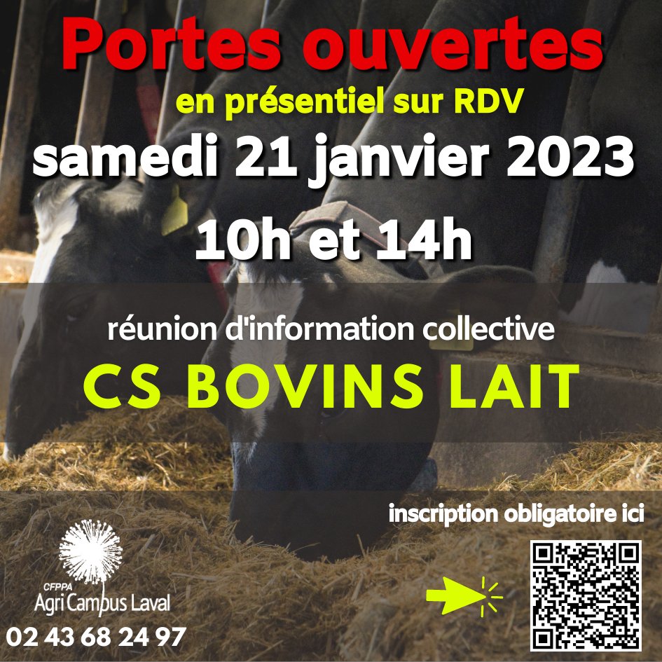 <a href="/CfppaLaval/">CFPPA AgriCampus Laval</a> Portes ouvertes CS #bovins #lait. RDV agricampus-laval.fr/formations-adu…