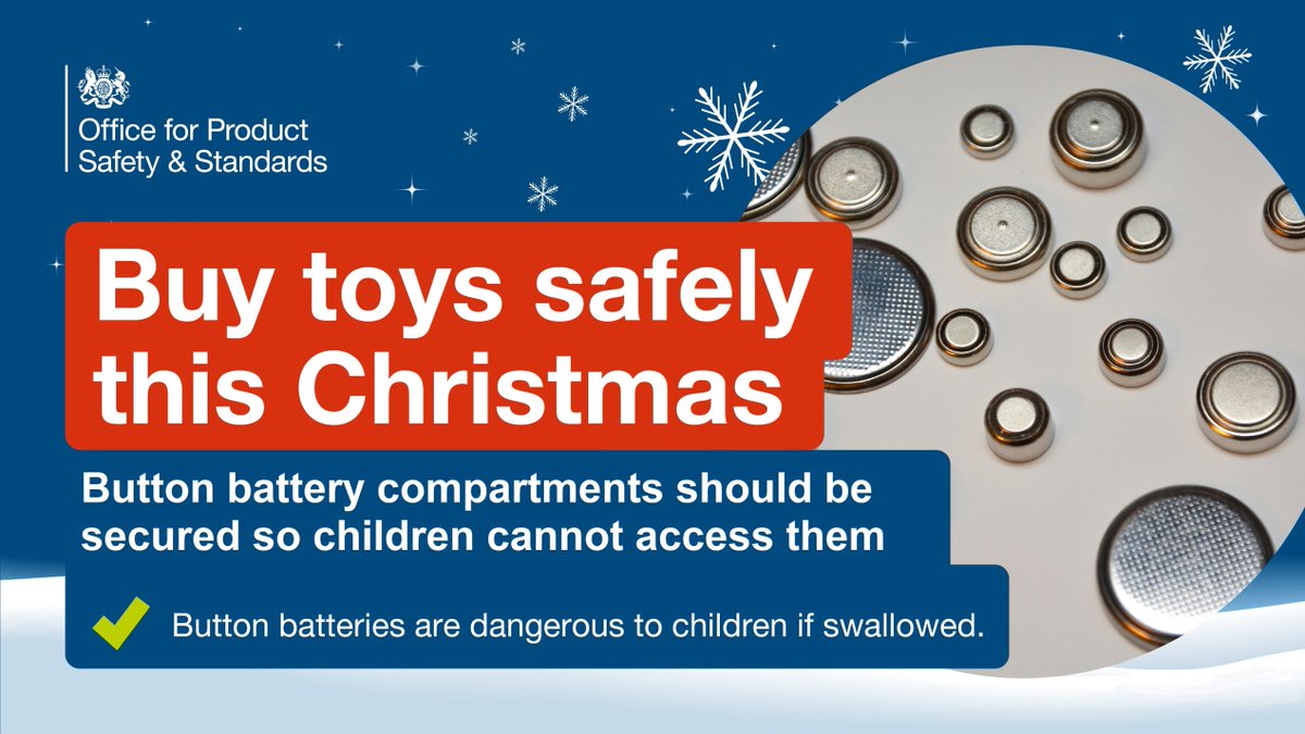 Buy toys safely this Christmas. Button battery compartments should be secured so children cannot access them. Button batteries are dangerous to children if swallowed. #christmassafety22