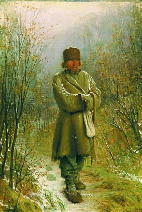 Kramskoy Contemplation: A Painting That Makes You See Thinking
https://artsapien.com/2021/02/kramskoy-contemplation/

There is a remarkable picture by the painter Kramskoy, called “Contemplation.” There is a forest in winter, and on a roadway through the forest, in absolute solitude, stands a peasant in a torn kaftan and bark shoes. He stands, as it were, lost in thought. Yet he is not thinking; he is “contemplating.” If any one touched him he would start and look at one as though awakening and bewildered. It’s true he would come to himself immediately; but if he were asked what he had been thinking about, he would remember nothing. Yet probably he has, hidden within himself, the impression which had dominated him during the period of contemplation. Those impressions are dear to him and no doubt he hoards them imperceptibly, and even unconsciously. How and why, of course, he does not know either. He may suddenly, after hoarding impressions for many years, abandon everything and go off