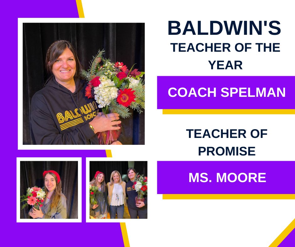 BaldwinBobcats's tweet photo. A huge congratulations to our Teacher of the Year, @CoachSpelmanPE and our Teacher of Promise, Ms. Moore. We are SO lucky to learn alongside y’all each day. Y’all always go the extra mile for our bobcats. Thank y’all for all you do! 💜💛@WeAreAISD @AISDElementary #AISDjoy https://t.co/mOkvj9XFFm