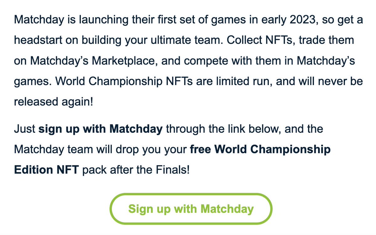 Glad to announce that <a href="/socios/">Socios.com</a> is an investor of <a href="/matchday/">Matchday</a>. Today we invited our users to enjoy a free pack of NFTs. #bemorethanafan