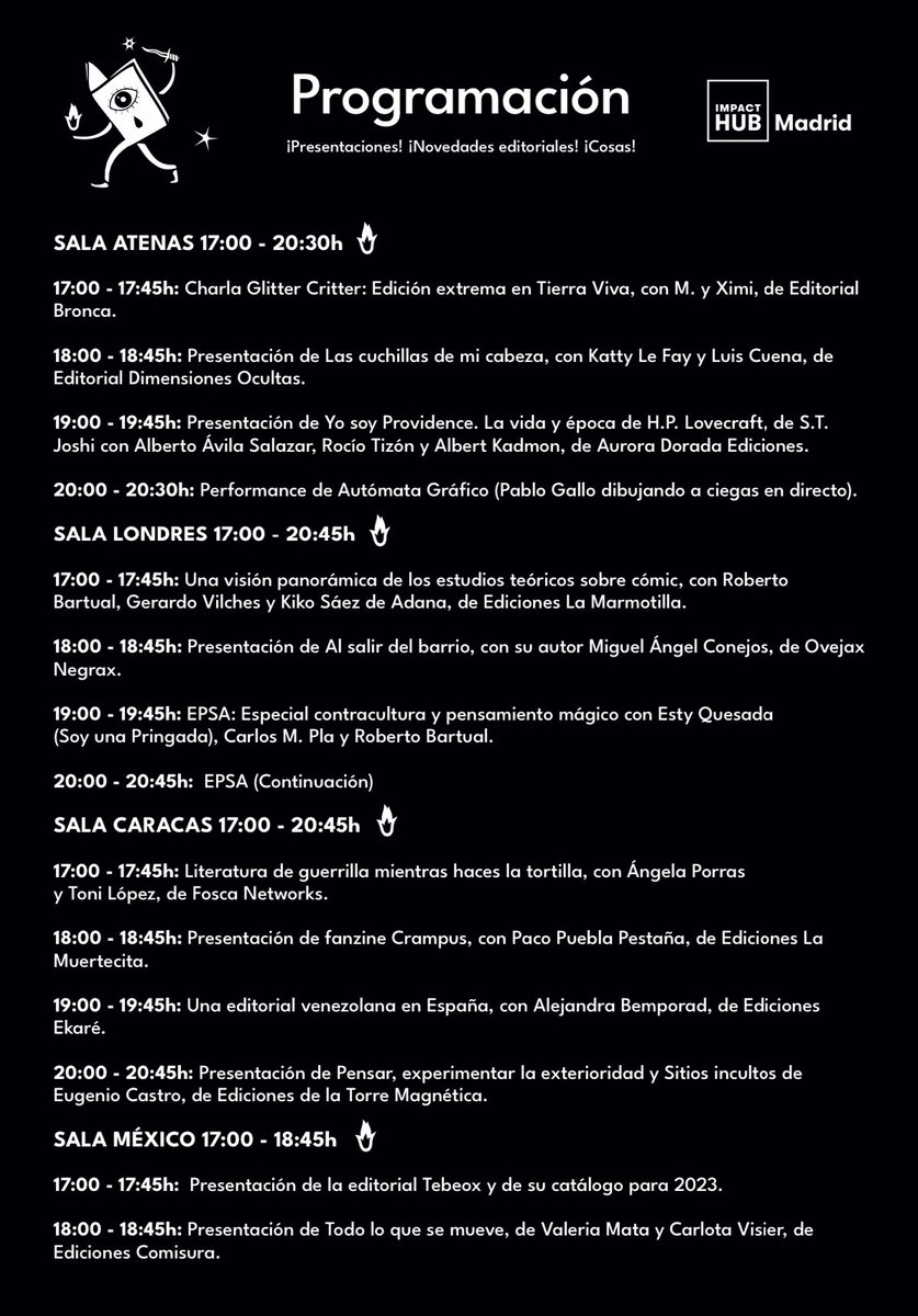 ¡NOS VEMOS MAÑANA en SANTA LIBRADA! c/ Alameda, 22 de 10:30 a 20:30h en Madrid 🔥 

Aquí el programa, que aparte de editoriales y proyectos maravillosos, también tendremos charlas y alguna que otra sorpresa: