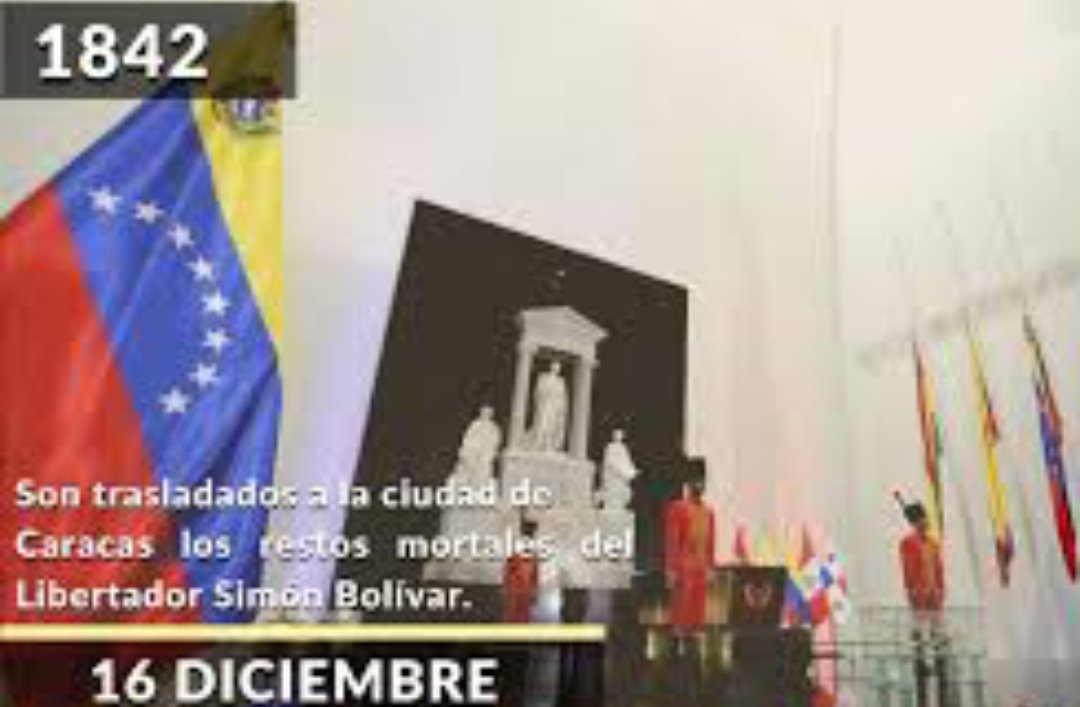 #16Dic de 1842 llegan a Caracas los Restos Mortales del Libertador. El 13 de diciembre de 1842, la Goleta de Guerra Constitución arribó al puerto de La Guaira, tras 23 días de navegación desde Santa Marta,Colombia.