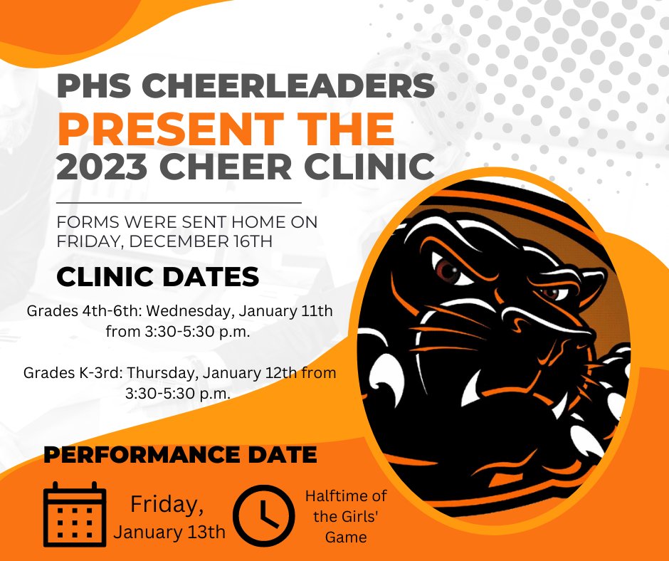 We are incredibly EXCITED to announce our 2023 Cheer Clinic information!  Working with our littlest Panther fans is one of the very best parts of the season.  PES forms are being sent home with students &amp; MS forms are in the office. Sign your child up today! #wearepalmyra