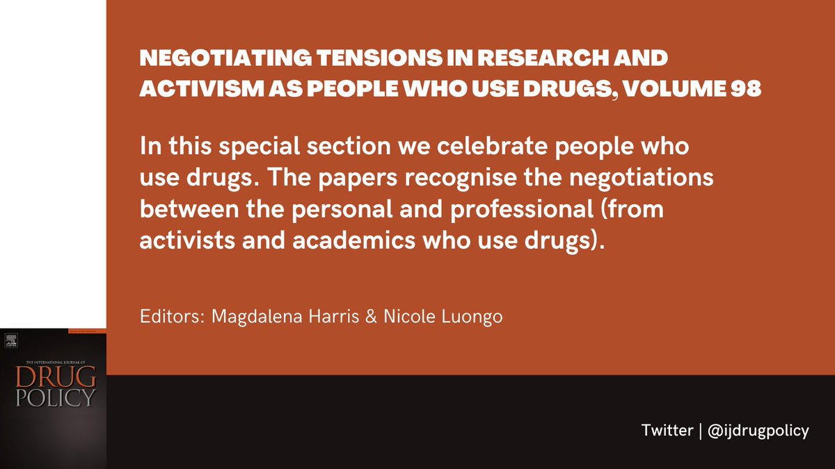 🚨Special Section Alert🚨

Negotiating tensions in research and activism as
people who use drugs, Volume 98.

In this special section we celebrate people who use drugs.

Edited by <a href="/pwidpride/">Magdalena Harris</a> &amp; <a href="/nicolemluongo/">Nicole Luongo</a>. 

Link: sciencedirect.com/journal/intern…