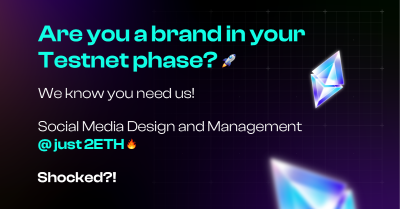 create_fark's tweet photo. Hello 👋 
Are you a brand in your #Testnet phase? 🤔

Ideally, for every #web3 project, the requirement of hiring a social media agency exists at this stage. 

What if we say - We will take care of your social media design and management @ just 2ETH

🤯SHOCKED?