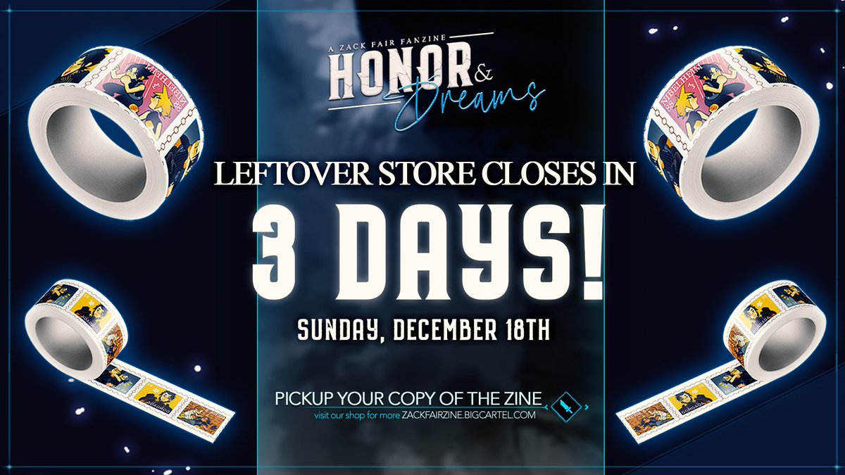The Zack Fair fanzine leftover store closes in 3 DAYS! 

Digital zines and a limited amount of bookmarks, buttons, stickers, charms &amp; enamel pins remain - get yours now before the store closes at 11:59 PM EST on December 18th!

zackfairzine.bigcartel.com