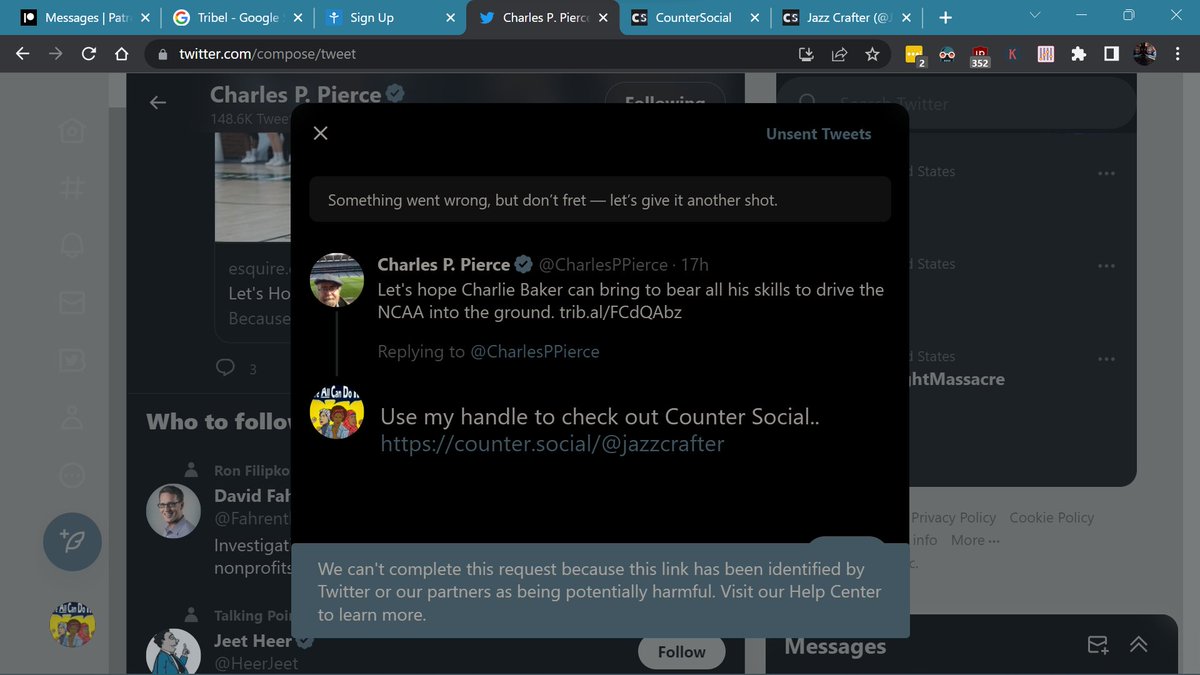jazzercrafter's tweet photo. @CharlesPPierce Screenshot of what I get when I reply to you now. https://t.co/yyisGmIp7H