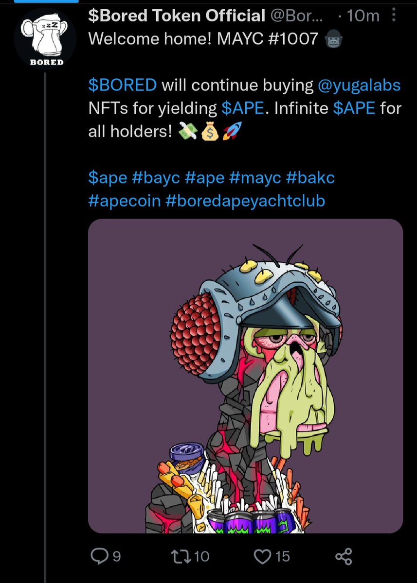 $BORED On #Uniswap

👏Amazing progress for a project that's only a few days old.
✅Just listed on #CoinMarketCap
coinmarketcap.com/currencies/bor…
🔥Also got another MAYC to stake for $APE.
✍️ In talks with a few major exchanges for listing.

Good work <a href="/BoredTokn/">$Bored Token Official</a> team, keep smashing it ⭐