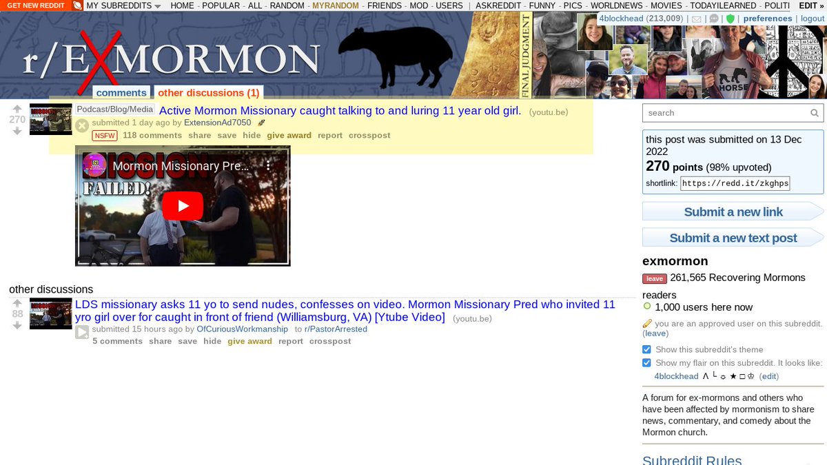 4blockhead's tweet photo. @mormons_speak @Ch_JesusChrist I read the faithful's subreddit every day. I see missionaries come and go, and sometimes follow their posting history that often reveals they're porn hounds. I can't help but think I've also read this missionaries posts before being "called to serve." What a tangled web of liars. https://t.co/t85GV5POxg