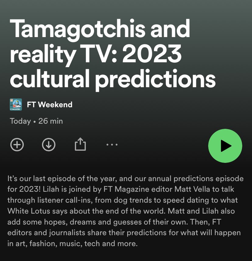 My favorite annual @ftweekendpod episode is out! @mattvella and I chat through listeners’ cultural wishes for 2023, and try to make sense of what it all means. Also featuring educated predictions from @ArwaHaider @laureni @RaphAbraham @PatrickMcGee_ 🎧: link.chtbl.com/ftweekend
