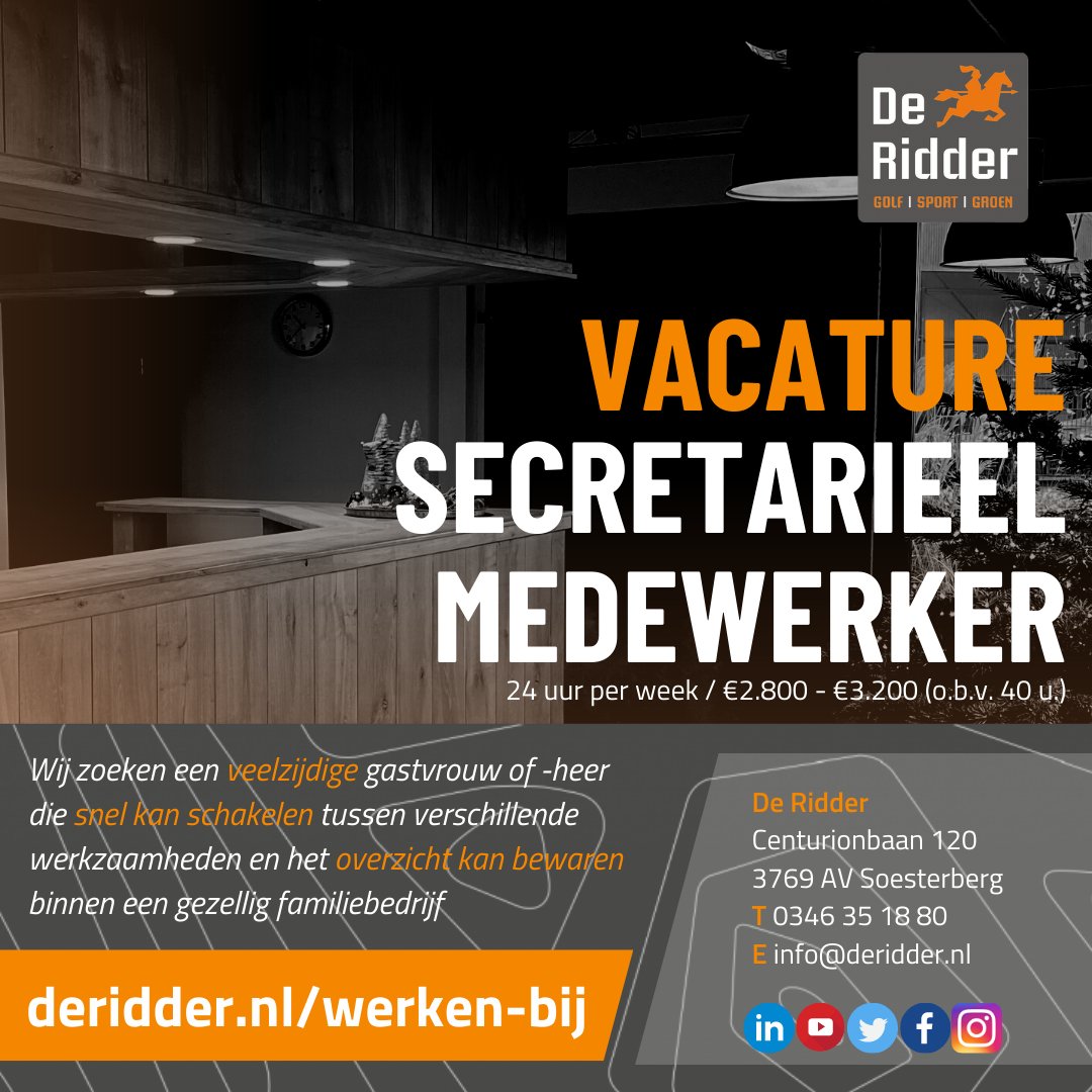 De Ridder zoekt een Secretarieel medewerker!
📢 deridder.nl/vacature-secre… 📢
Kom jij de zaken op orde brengen binnen ons gezellige maar ook soms hectische familiebedrijf?
#vacature #Soesterberg