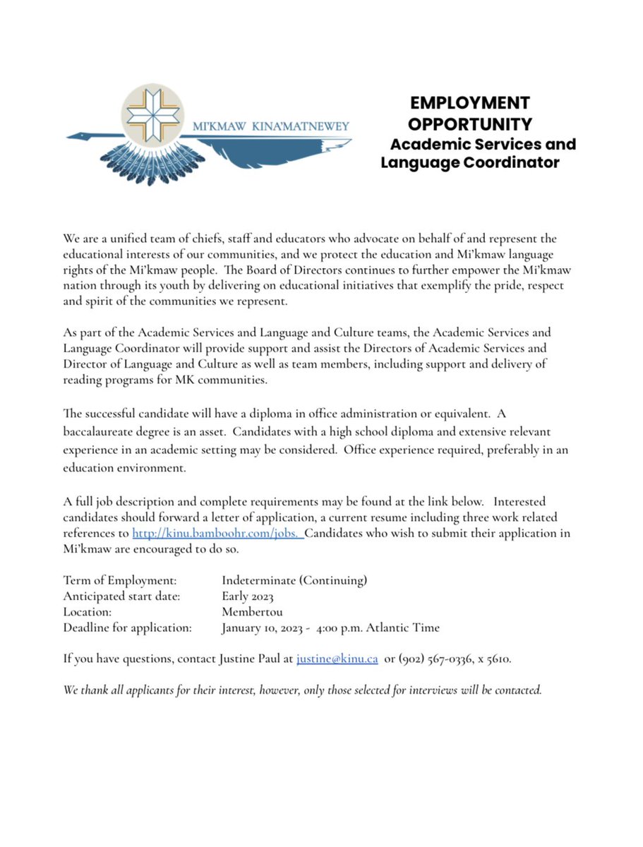 Employment Opportunity- Academic Services and Language Coordinator. For more information or to apply please visit: kinu.bamboohr.com/jobs/