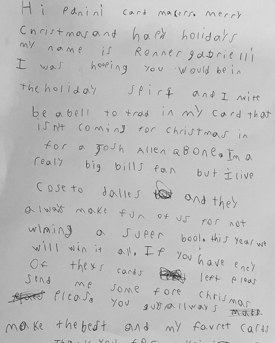 LSUSsports's tweet photo. @paniniamerica All this young collector wants for Christmas is a @BuffaloBills #JoshAllen Rookie Case hit. My son, Renner, wrote @paniniauthentic a letter requesting an alternate solution after his 120-day wait #PaniniAmerica #PaniniAuthentic #HappyHolidays #BuffaloBills #SBLVII https://t.co/dP1dQZrPme