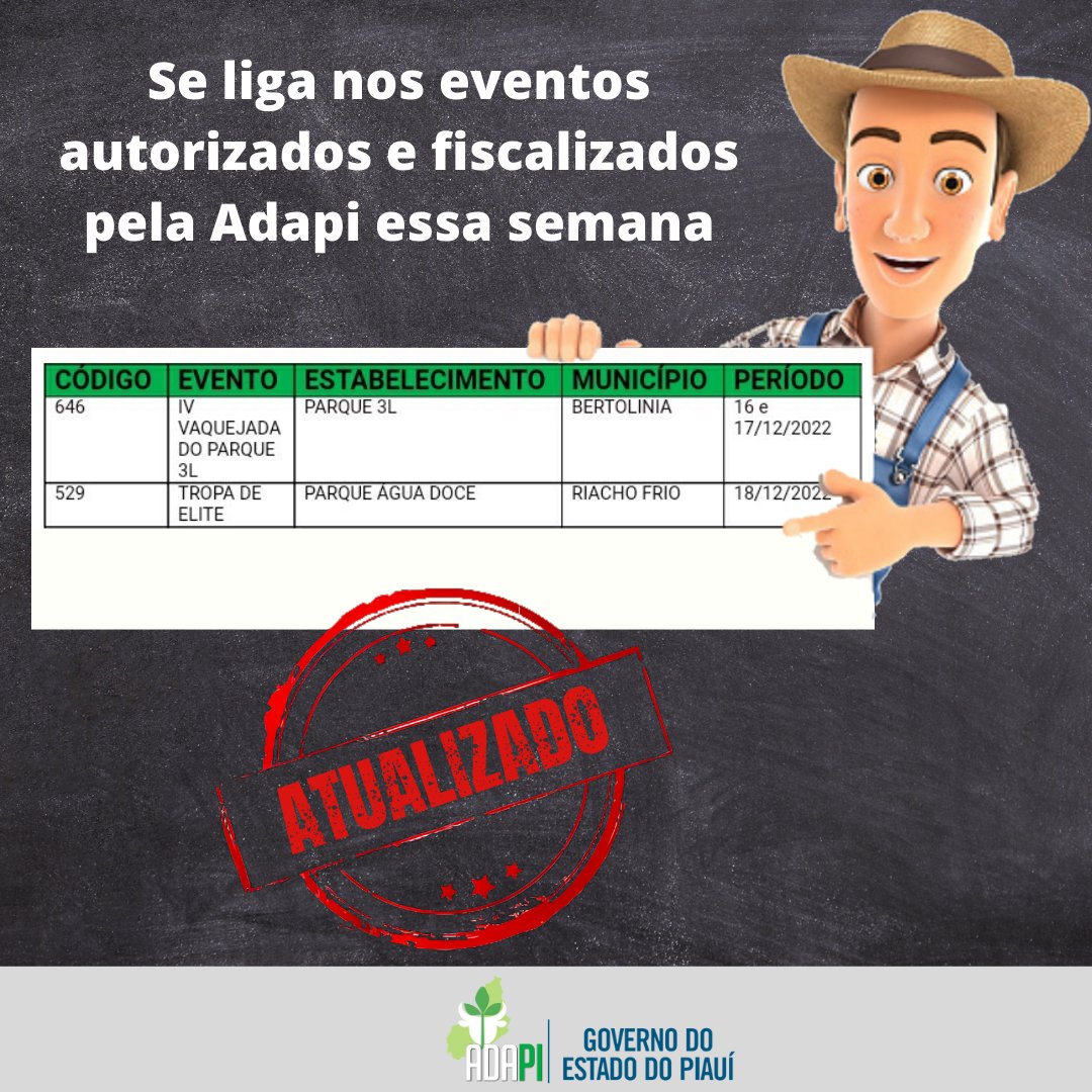adapi_pi's tweet image. Atenção para a atualização dos eventos cadastrados, autorizados e fiscalizados pela Adapi.

#adapi #defesaanimal