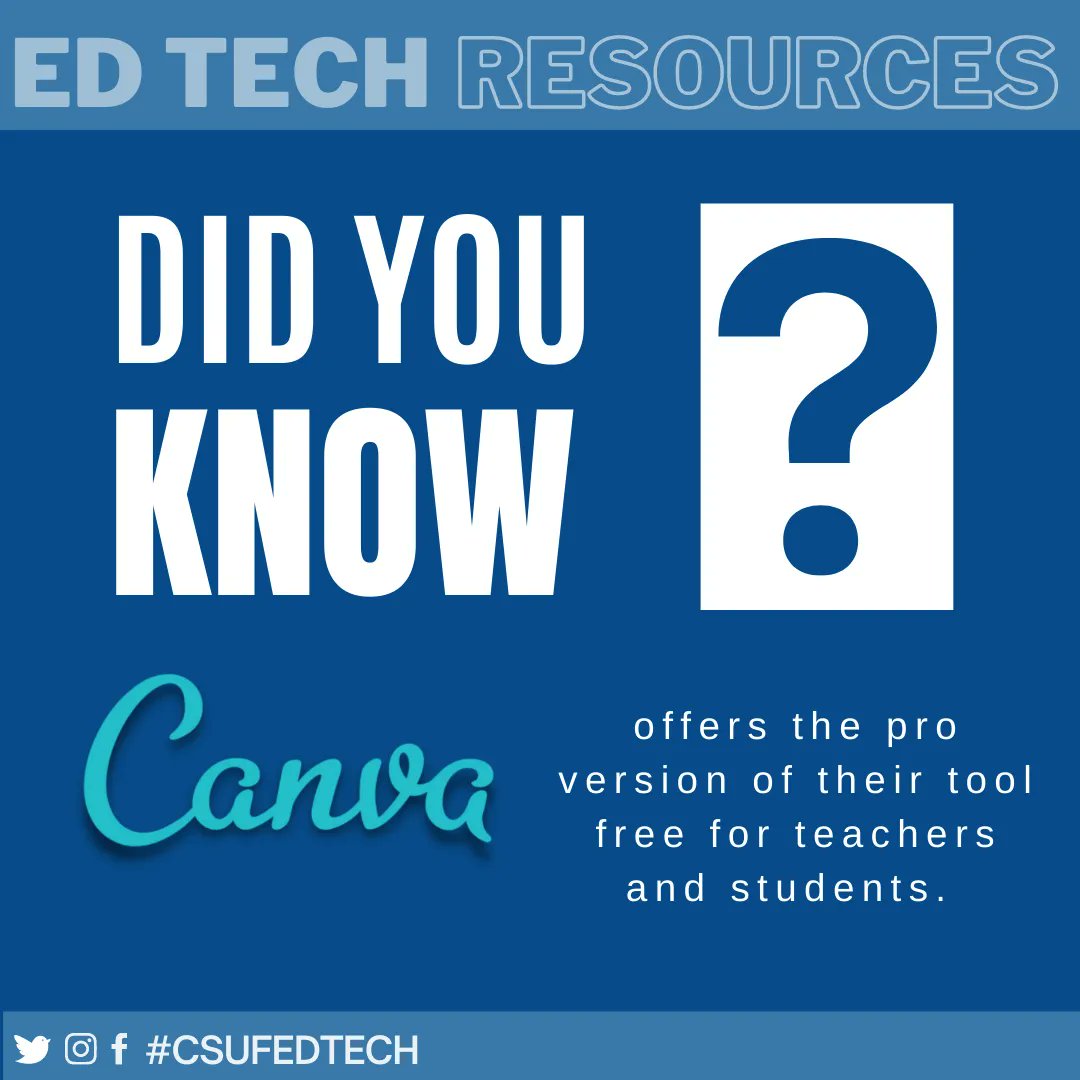 CSUF_EdTech's tweet image. Did you know that licensed teachers can get the pro version of @Canva? #csufedtech #visualdesigntools