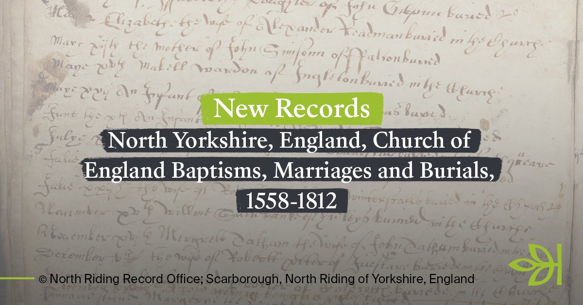 New to Ancestry® this week is the @nyccarchive North Yorkshire, England, Church of England Baptisms, Marriages and Burials 1558-1812. ​ ​ Search through the latest collection here: bit.ly/3XJfRVK