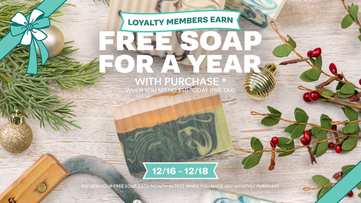 It's Back But Not for Long: Spend $50 (pre-tax), Get FREE SOAP BARS FOR A YEAR  🎉
Rewards members must spend $50 during 12/16/22-12/18/22 to be eligible. Sale valid in-store only at participating locations. See terms at buffcitysoap.com/pages/promotio… for details.