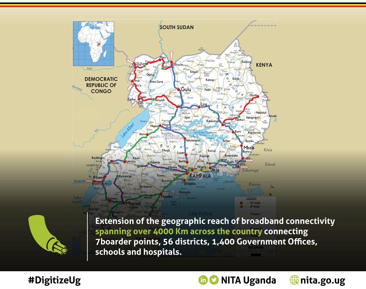 akajosh1's tweet photo. Its been a good year for Uganda's Digital Transformation. #DigitizeUg @NITAUganda1

a) 4000 kms of Optical Fibre 
b) 7 Boarder Points connected 
c) 56 Districts now connected 
d) 1400 GOU offices connected https://t.co/MWJSJc3I4G