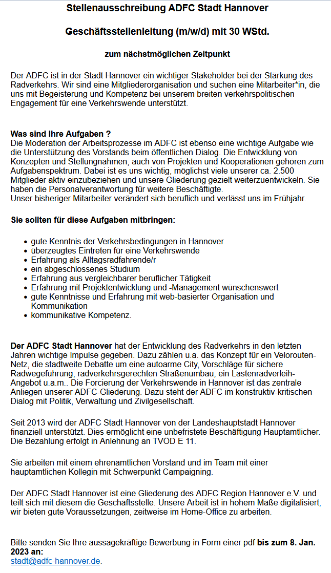 j_hkrueger's tweet photo. Der @adfc_h Ortgruppe Stadt Hannover hat eine Stelle frei. https://t.co/Zu04PIiPMY