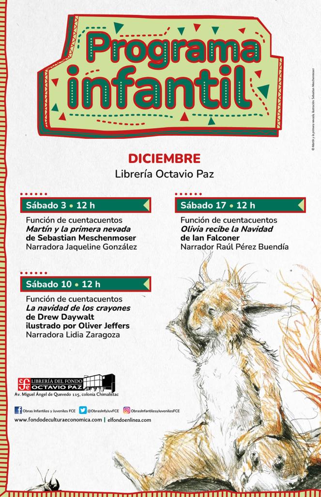 FCEMexico's tweet image. 🎄¡Nos vemos hoy en las últimas funciones de cuentacuentos a las 12 hrs. en nuestras librerías!
👉#LibreríaOctavioPaz
👉#LibreríaRosarioCastellanos 
👉#LibreríaEusebioRuvalcaba
#RepúblicaDeLectores @LibreriasEducal @FCEBellaEpoca