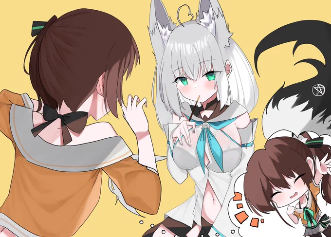 「まつりちゃん、白上とポッキーゲームしよ?」 #絵フブキ #祭絵 #ホロライブ 