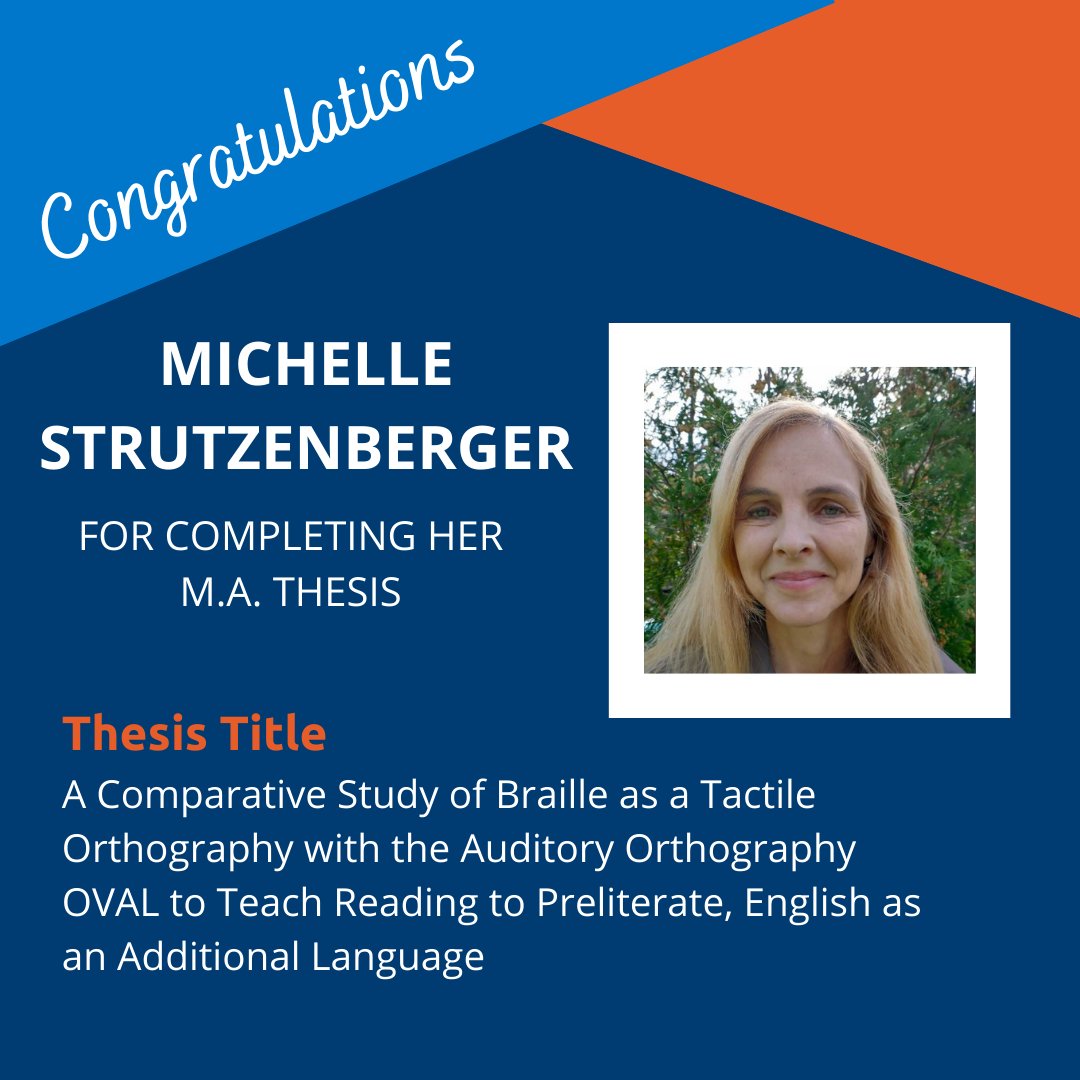 OT_FEDgrad's tweet image. Congratulations to Michelle Strutzenberger, who just completed her Master&apos;s thesis entitled
“ Comparative Study of Braille as a Tactile Orthography with the Auditory Orthography OVAL to Teach Reading&quot;
(Supervisor Dr. Allyson Eamer) - it&apos;s an amazing accomplishment!
#otu