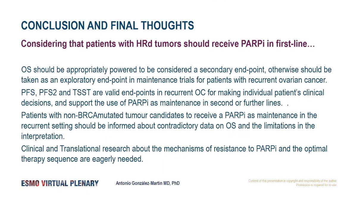 Allegra Rollo (@allegrarollo) on Twitter photo Discussant: OS in NORA, NOVA, ARIEL-3 should be taken as exploratory endpt. PFS, PFS2, & TSST are sufficient for clinical decisions + support use of PARPi in 2L maint. regardless of BRCA status. EMA views OS results holistically + will not restrict 2L maint. PARPi labels #gyncsm Discussant: OS in NORA, NOVA, ARIEL-3 should be taken as exploratory endpt. PFS, PFS2, & TSST are sufficient for clinical decisions + support use of PARPi in 2L maint. regardless of BRCA status. EMA views OS results holistically + will not restrict 2L maint. PARPi labels #gyncsm