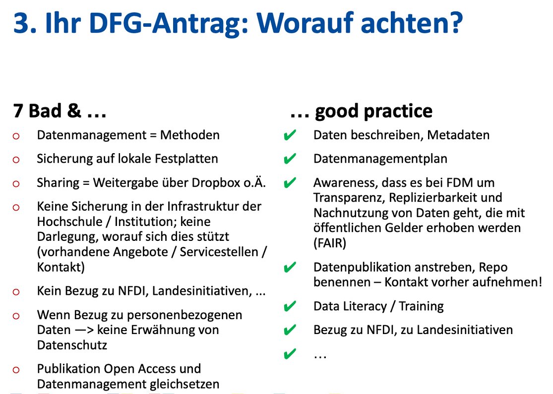 Drei Hinweise zum Abschluss des #HeFDIDataTalk­s zum #Forschungsdatenmanagement in Förderanträgen an <a href="/dfg_public/">DFG public | @dfg_public@wisskomm.social</a>:

1. früh Verantwortlichkeiten und Ressourcen klären

2. Kosten realistisch kalkulieren und Förderwürdigkeit berücksichtigen

3. Bezug zu #NFDI herstellen (u.a.)